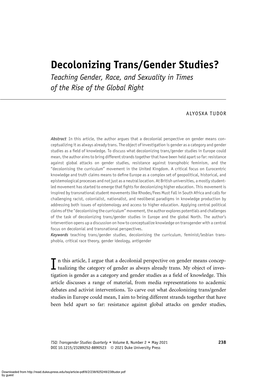 Decolonizing Trans/Gender Studies? Teaching Gender, Race, and Sexuality in Times of the Rise of the Global Right