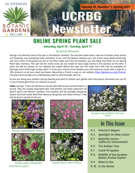 UCRBG Newsletter ONLINE SPRING PLANT SALE Saturday, April 10 - Sunday, April 11 by Janine Almanzor