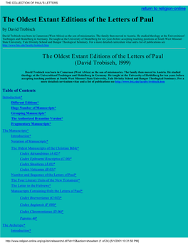 THE COLLECTION of PAUL's LETTERS Return to Religion-Online the Oldest Extant Editions of the Letters of Paul by David Trobisch