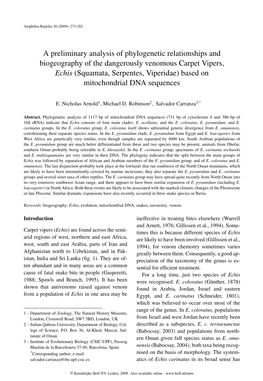 A Preliminary Analysis of Phylogenetic Relationships and Biogeography Of