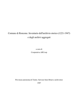 Comune Di Roncone. Inventario Dell'archivio Storico 1221-…