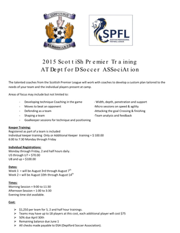 2015 Scottish Premier Training at Deptford Soccer Association