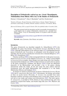 Acari: Mesostigmata: Melicharidae) from Siberia with a Key to the Females of Orthadenella Dariusz J