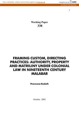 Authority, Property and Matriliny Under Colonial Law in Nineteenth Century Malabar