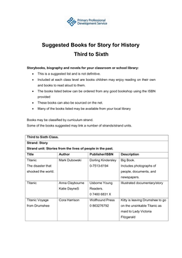 Suggested Books for Story for History: Third to Sixth Class