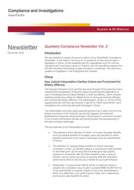 Quarterly Compliance Newsletter Vol. 2 November 2016 Introduction We Are Pleased to Present the Second Edition of Our Asia-Pacific Compliance Newsletter