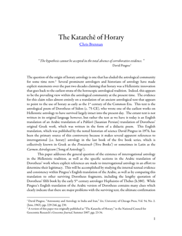 The Katarche of Horary,” in the National Council for Geocosmic Research’S Geocosmic Journal, Summer 2007, Pgs