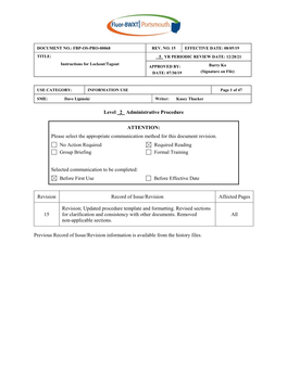 Instructions for Lockout/Tagout APPROVED BY: Barry Ko DATE: 07/30/19 (Signature on File)