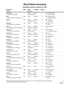 Road Name Inventory Roadways Listed As of March 31, 2021