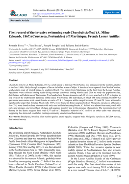 First Record of the Invasive Swimming Crab Charybdis Hellerii (A