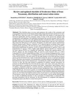 Review and Updated Checklist of Freshwater Fishes of Iran: Taxonomy, Distribution and Conservation Status