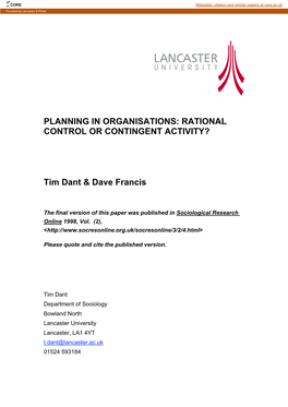 Planning in Organisations: Rational Control Or Contingent Activity?