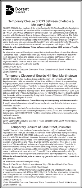 Temporary Closure of C93 Between Chetnole & Melbury Bubb