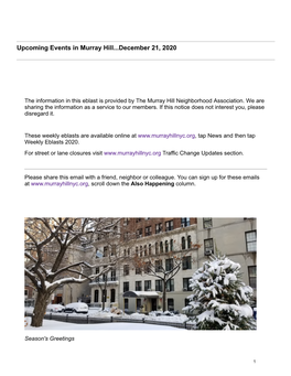Upcoming Events in Murray Hill...December 21, 2020