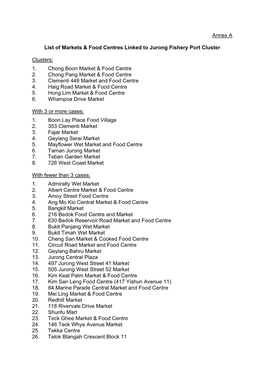 Annex a List of Markets & Food Centres Linked to Jurong
