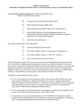 Policy Statement for Free and Reduced Price Meals, After School Snacks, And/Or Free Milk