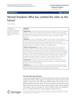 Mental Freedom: Who Has Control-The Rider Or the Horse? Jane L Wiesner