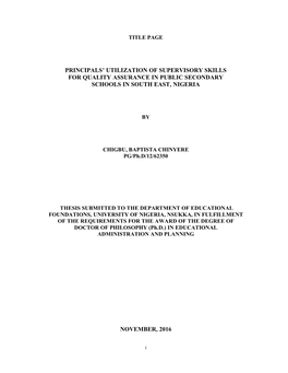 Principals' Utilization of Supervisory Skills for Quality Assurance in Public Secondary Schools in South East, Nigeria No