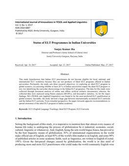 Status of ELT Programmes in Indian Universities