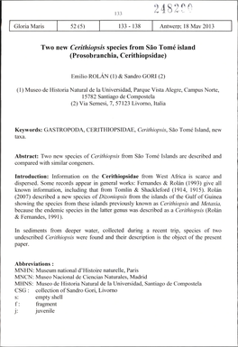 Two New Cerithiopsis Species from Sao Tomé Island (Prosobranchia, Cerithiopsidae)