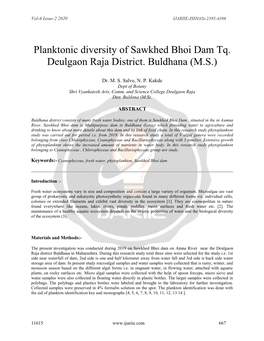 Planktonic Diversity of Sawkhed Bhoi Dam Tq. Deulgaon Raja District