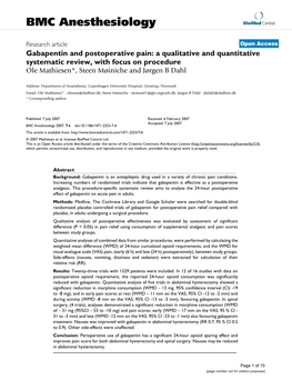 Gabapentin and Postoperative Pain: a Qualitative and Quantitative Systematic Review, with Focus on Procedure Ole Mathiesen*, Steen Møiniche and Jørgen B Dahl