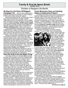 October 2019 October Is Respect Life Month 40 Days for Life Kicks Off Biggest Texas Musicians Gave up Celebrity Campaign Yet