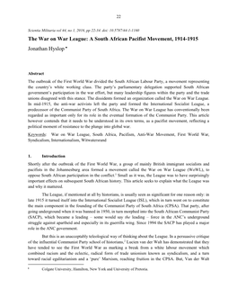 A South African Pacifist Movement, 1914-1915 Jonathan Hyslop 