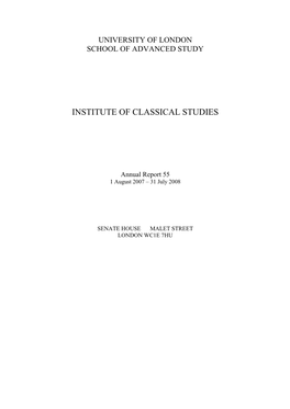 Institute of Classical Studies Library Joint Library of the Hellenic and Roman Societies Annual Report for the Session 2007/2008