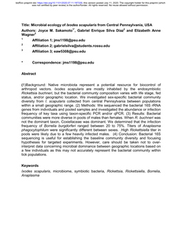 Microbial Ecology of Ixodes Scapularis from Central Pennsylvania, USA Authors: Joyce M