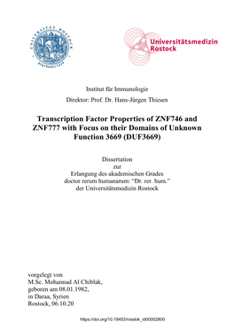 Transcription Factor Properties of ZNF746 and ZNF777 with Focus on Their Domains of Unknown Function 3669 (DUF3669)