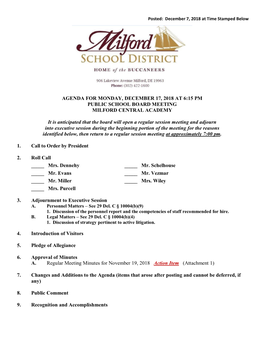 Agenda for Monday, December 17, 2018 at 6:15 Pm Public School Board Meeting Milford Central Academy