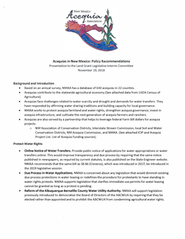 Acequias in New Mexico: Policy Recommendations Presentation to the Land Grant Legislative Interim Committee November 19, 2018