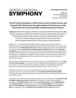 North Carolina Symphony's 85Th Season Features Masterworks And