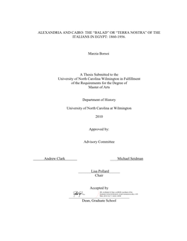 Alexandria and Cairo: the ―Balad‖ Or ―Terra Nostra‖ of the Italians in Egypt: 1860-1956