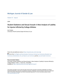 Student Gladiators and Sexual Assault: a New Analysis of Liability for Injuries Inflicted Yb College Athletes