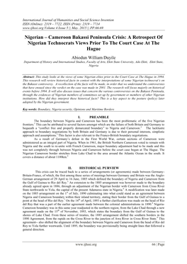 Cameroon Bakassi Peninsula Crisis: a Retrospect of Nigerian Technocrats Views Prior to the Court Case at the Hague