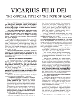 Vicarius Filii Dei the Official Title of the Pope of Rome