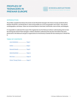 STUDENT HANDOUT Profiles of Teenagers in Prewar Europe