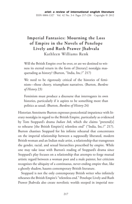 Mourning the Loss of Empire in the Novels of Penelope Lively and Ruth Prawer Jhabvala Kathleen Williams Renk