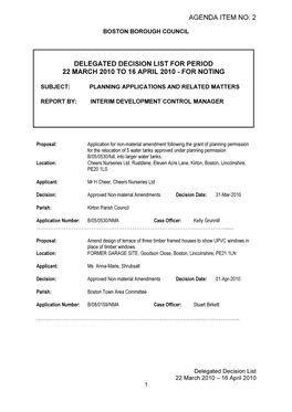 Delegated Decision List for Period 22 March 2010 to 16 April 2010 - for Noting