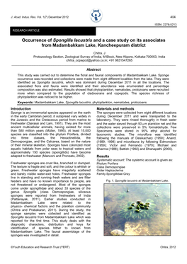 Occurrence of Spongilla Lacustris and a Case Study on Its Associates from Madambakkam Lake, Kancheepuram District