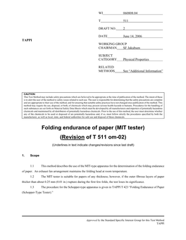 Folding Endurance of Paper (MIT Tester) (Revision of T 511 Om-02)