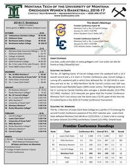 Frontier Conference Standings 18 Montana Western* 5:30 P.M