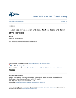 Haitian Vodou Possession and Zombification: Desire and Return of the Repressed