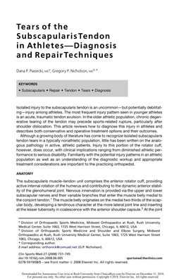 Tears of the Subscapularis Tendon in Athletes