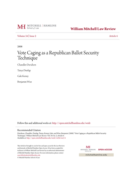 Vote Caging As a Republican Ballot Security Technique Chandler Davidson