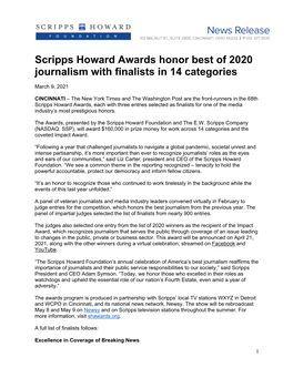 Scripps Howard Awards Honor Best of 2020 Journalism with Finalists in 14 Categories