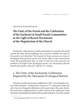 The Unity of the Parish and the Celebration of the Eucharist In