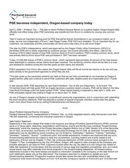 PGE Becomes Independent, Oregon-Based Company Today